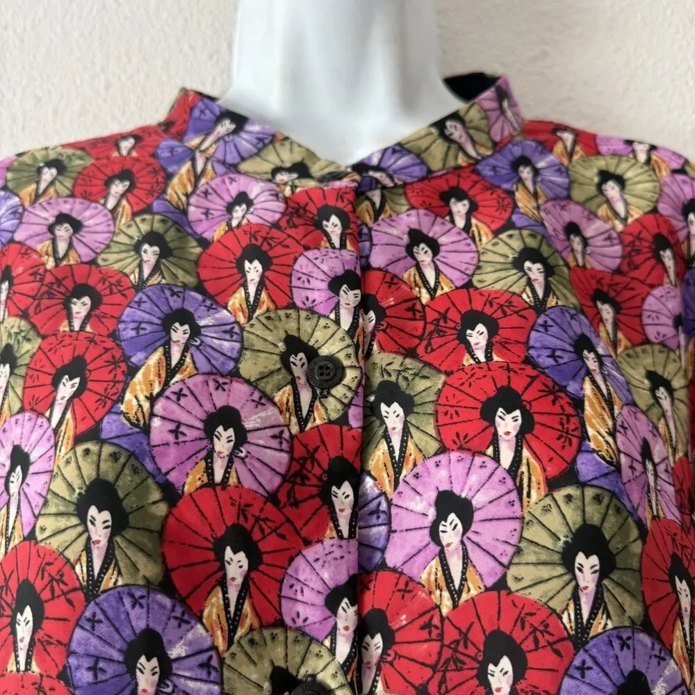 JOSIE NATORI Artistic Geisha Umbrella Print 2PC Set Mandarin Collar Lounge Wear